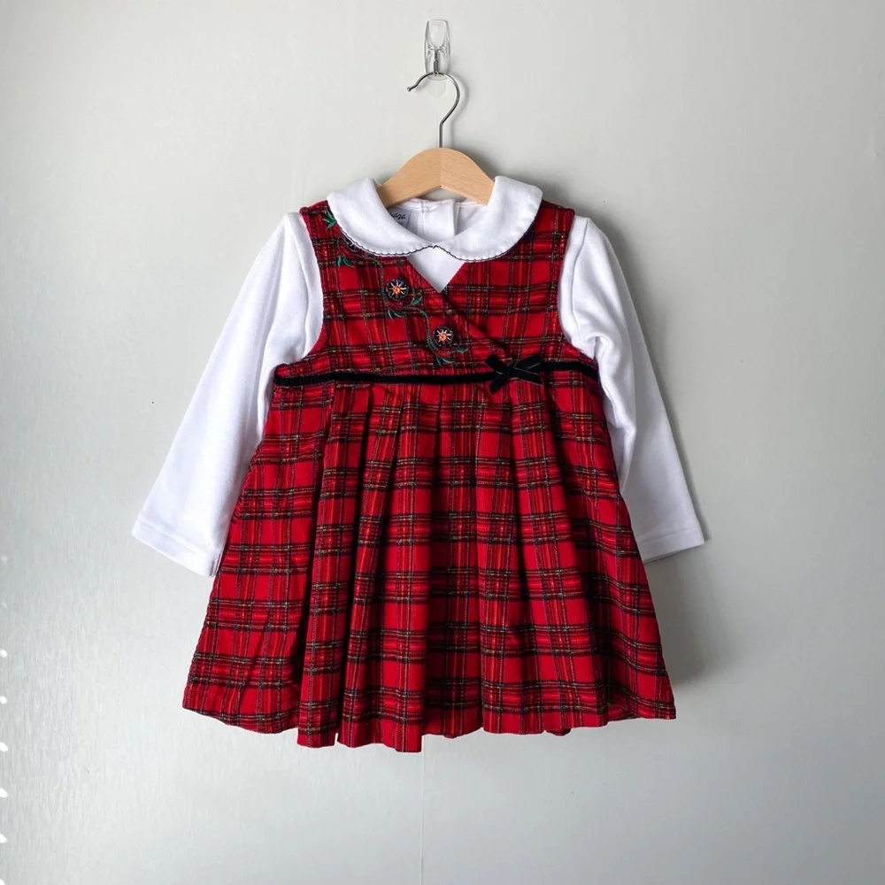 Vintage Samara Plaid Flannel Embroidered Floral Dress & Peter Pan Collar Top Set